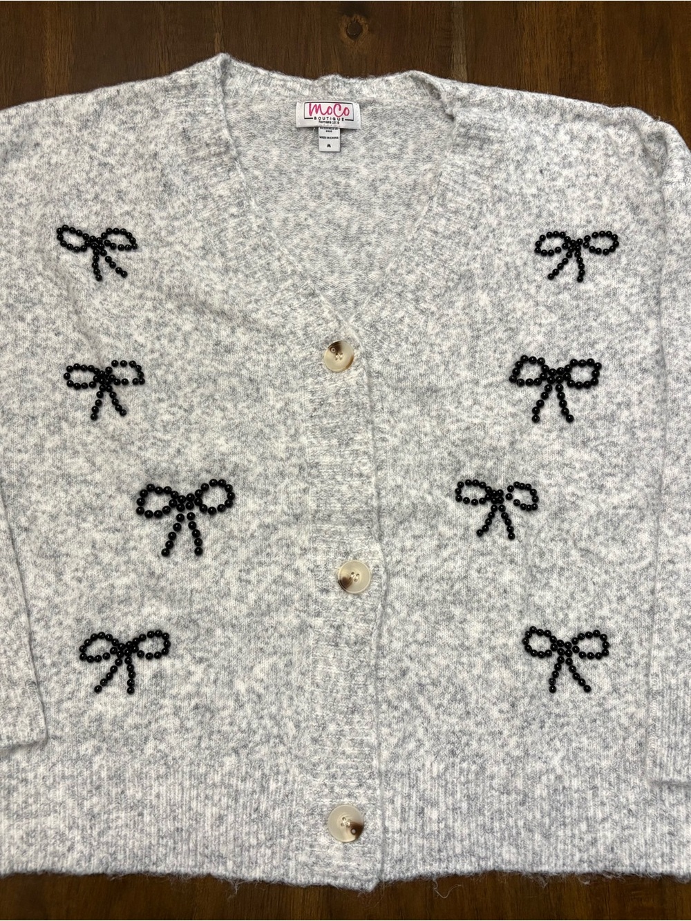 Soft Gray Bow-Embellished Cardigan Sweater